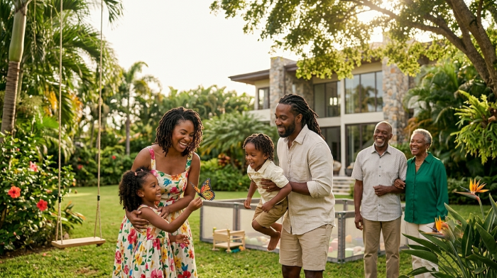 Joyful multigenerational family plays in a sunny backyard: parents with two kids, grandparents smiling nearby.